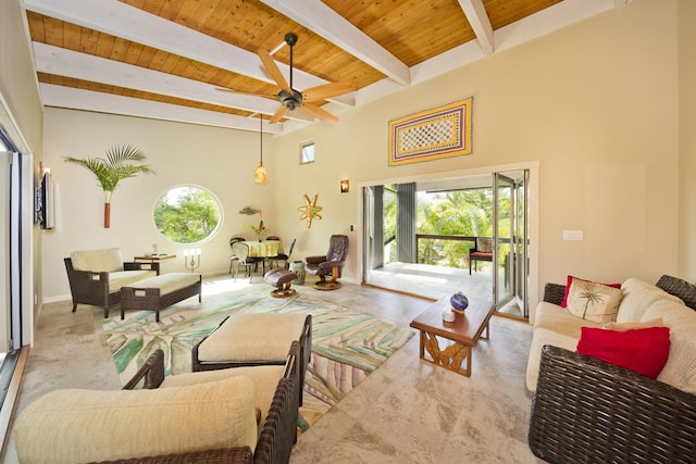 12-7002 Hoeunalu St, Pahoa, HI 96778 - living room with healthy amount of natural light, wood ceiling with exposed beams, a ceiling fan, and baseboards