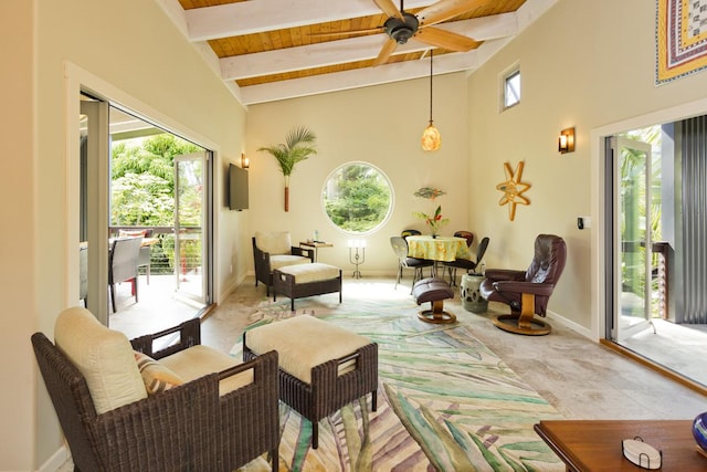 12-7002 Hoeunalu St, Pahoa, HI 96778 - living area with healthy amount of natural light, ceiling fan, baseboards, high vaulted ceiling, and light carpet