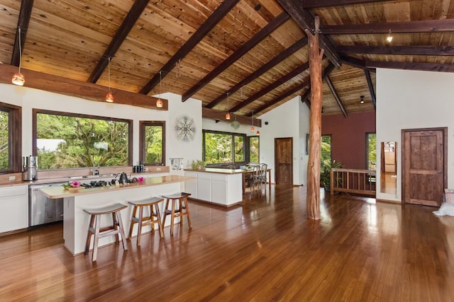 12-7155 Loke Pl, Pahoa, HI 96778 - kitchen featuring wood ceiling with exposed beams, a kitchen island, white cabinets, dark wood-style flooring, and dishwasher