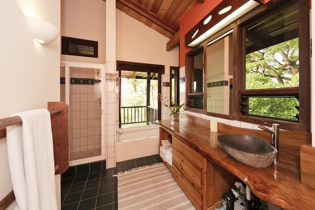 12-7155 Loke Pl, Pahoa, HI 96778 - full bathroom featuring wooden ceiling, lofted ceiling, vanity, tile patterned flooring, and a bath