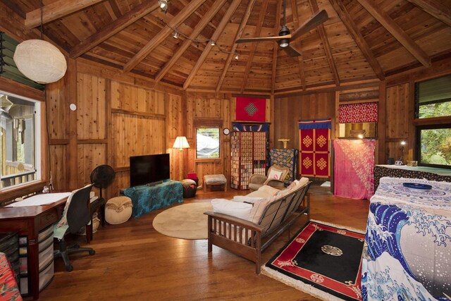 12-7155 Loke Pl, Pahoa, HI 96778 - bedroom featuring wooden ceiling with exposed beams, wood-type flooring, wooden walls, an office area, and high vaulted ceiling