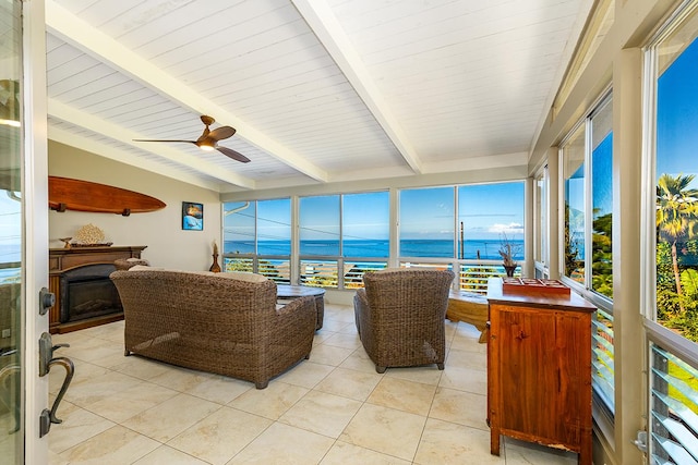 77-6469 Marlin Rd, Kailua-Kona, HI 96740 - sunroom / solarium featuring a water view, beam ceiling, plenty of natural light, and tile patterned flooring
