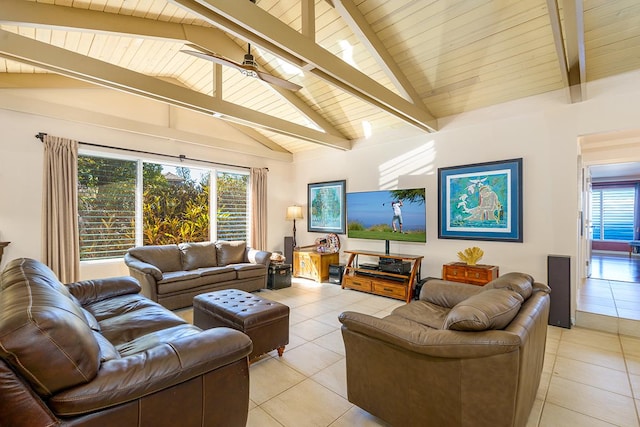 77-6469 Marlin Rd, Kailua-Kona, HI 96740 - living room featuring light tile patterned floors, wood ceiling, a ceiling fan, and plenty of natural light
