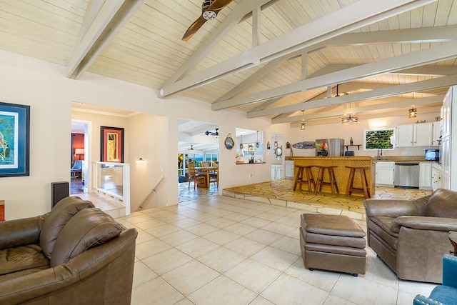 77-6469 Marlin Rd, Kailua-Kona, HI 96740 - living area featuring a ceiling fan, light tile patterned floors, and wood ceiling