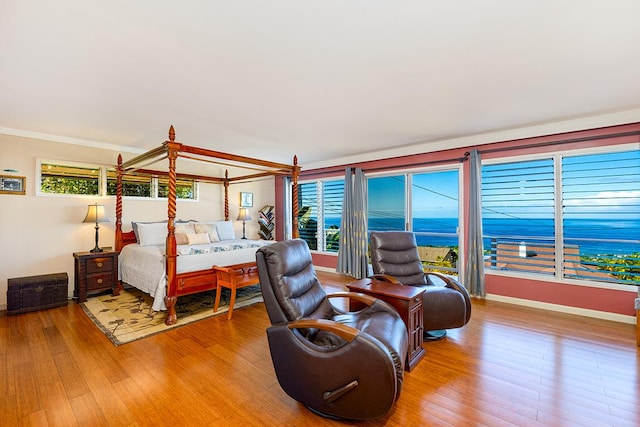 77-6469 Marlin Rd, Kailua-Kona, HI 96740 - bedroom with light wood finished floors, a water view, and ornamental molding