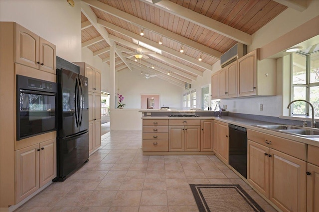 75-389 Hoene St, Kailua-Kona, HI 96740 - kitchen featuring black appliances, light brown cabinetry, a sink, wood ceiling, and a peninsula