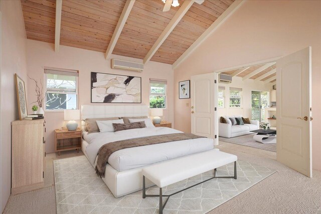 75-389 Hoene St, Kailua-Kona, HI 96740 - bedroom with wood ceiling with exposed beams, a wall mounted AC, light colored carpet, and high vaulted ceiling