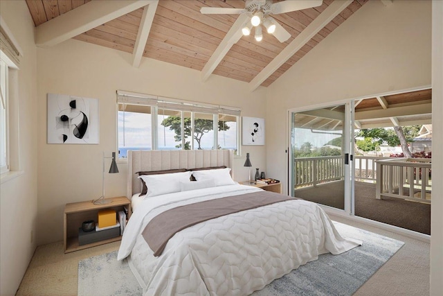 75-389 Hoene St, Kailua-Kona, HI 96740 - bedroom featuring carpet, access to outside, wooden ceiling with exposed beams, and high vaulted ceiling