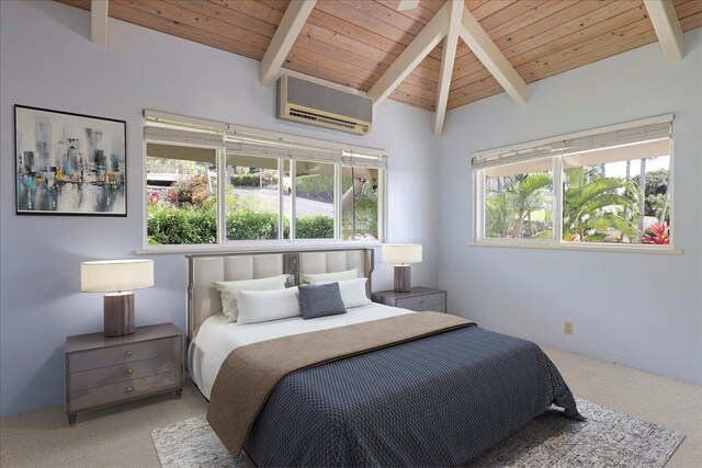 75-389 Hoene St, Kailua-Kona, HI 96740 - bedroom featuring a wall mounted air conditioner, carpet, and wood ceiling
