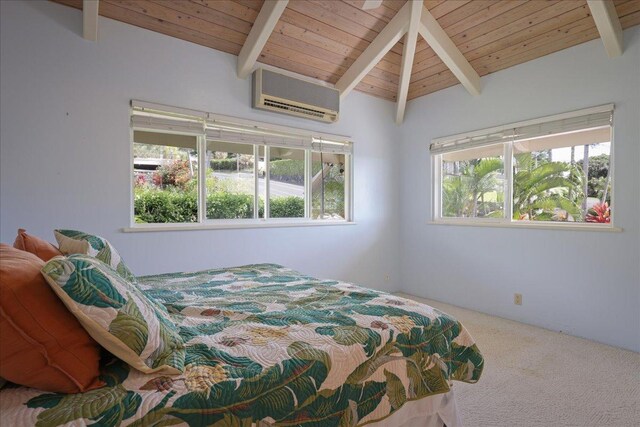 75-389 Hoene St, Kailua-Kona, HI 96740 - bedroom with a wall mounted air conditioner, carpet flooring, and wooden ceiling