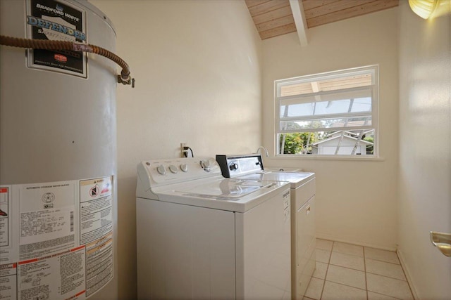 75-389 Hoene St, Kailua-Kona, HI 96740 - laundry room with water heater, washer and clothes dryer, wooden ceiling, and light tile patterned flooring