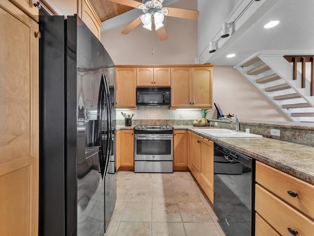 68-3840 Lua Kula St Unit A203, Waikoloa, HI 96738 - kitchen featuring black appliances, a sink, light brown cabinetry, backsplash, and ceiling fan