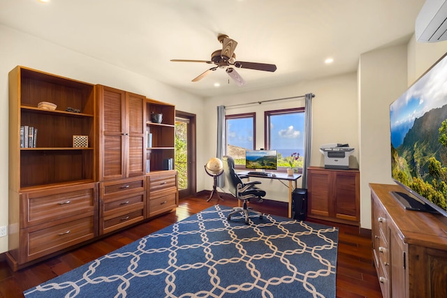 1001-L Puu Rd Unit 2, Kalaheo, HI 96741 - home office with an AC wall unit, dark wood-style flooring, ceiling fan, recessed lighting, and baseboards