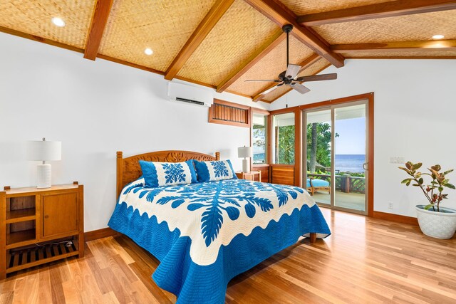 69-1708 Puako Beach Dr, Kamuela, HI 96743 - bedroom with an AC wall unit, baseboards, access to exterior, wood finished floors, and recessed lighting