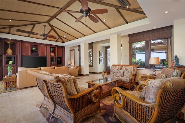 78-7024 Ola Mau St, Kailua-Kona, HI 96740 - living room featuring a ceiling fan, recessed lighting, vaulted ceiling, and light tile patterned floors