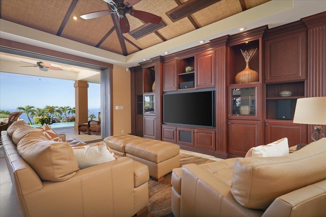 78-7024 Ola Mau St, Kailua-Kona, HI 96740 - living room featuring a ceiling fan, recessed lighting, and lofted ceiling