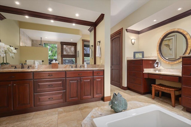 78-7024 Ola Mau St, Kailua-Kona, HI 96740 - bathroom with crown molding, a tub to relax in, double vanity, recessed lighting, and a walk in shower