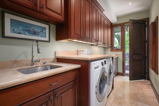 78-7024 Ola Mau St, Kailua-Kona, HI 96740 - laundry area with cabinet space, washer and clothes dryer, recessed lighting, and light tile patterned floors