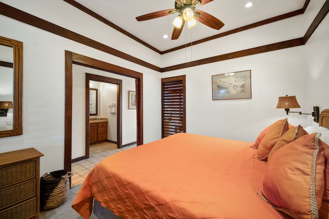2253 Poipu Rd Unit 101, Koloa, HI 96756 - bedroom featuring ornamental molding, recessed lighting, ensuite bathroom, light tile patterned flooring, and baseboards