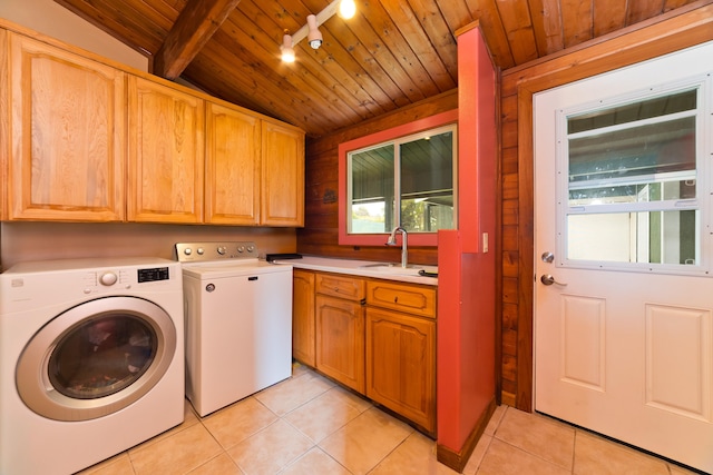 93-7015 Kamaoa Rd, Naalehu, HI 96772 - washroom featuring cabinet space, wooden ceiling, washing machine and clothes dryer, and light tile patterned flooring