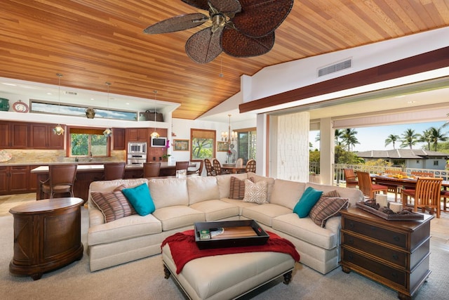 68-1025 Kaniku Dr Unit 301, Kamuela, HI 96743 - living area with wooden ceiling, vaulted ceiling, carpet, and a ceiling fan