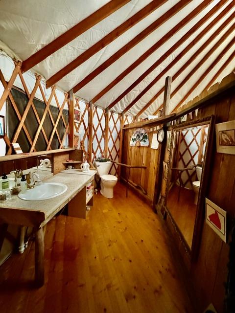 94-6435 Palaoa Rd, Naalehu, HI 96772 - bathroom with toilet, hardwood / wood-style flooring, wooden walls, and vanity