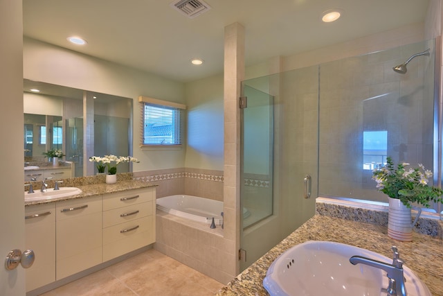 78-6833 Alii Dr Unit E5, Kailua-Kona, HI 96740 - full bathroom featuring a shower stall, two vanities, a garden tub, tile patterned flooring, and recessed lighting