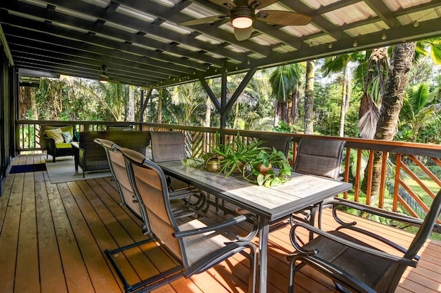 13-1020 Kahukai St, Pahoa, HI 96778 - wooden terrace with a ceiling fan, outdoor dining space, and an outdoor living space