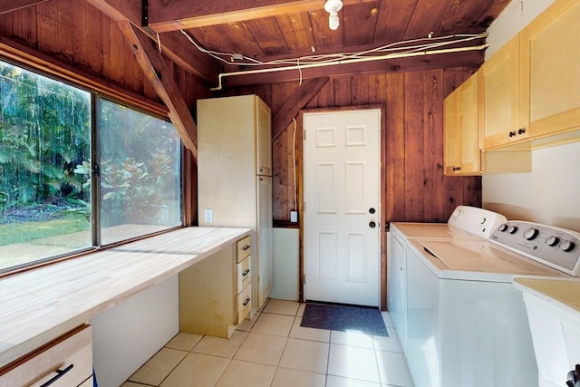 13-1020 Kahukai St, Pahoa, HI 96778 - washroom featuring cabinet space, washing machine and dryer, wood walls, light tile patterned floors, and wooden ceiling