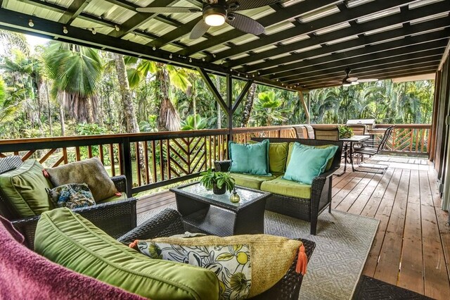 13-1020 Kahukai St, Pahoa, HI 96778 - deck with a ceiling fan, an outdoor hangout area, and outdoor dining area