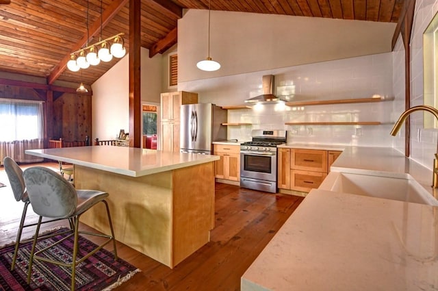 13-1020 Kahukai St, Pahoa, HI 96778 - kitchen with stainless steel appliances, wood ceiling with exposed beams, a sink, wall chimney range hood, and dark wood finished floors