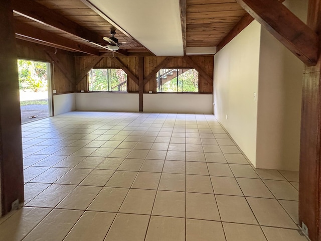 13-1020 Kahukai St, Pahoa, HI 96778 - spare room with wooden ceiling with exposed beams, a ceiling fan, light tile patterned floors, healthy amount of natural light, and wooden walls