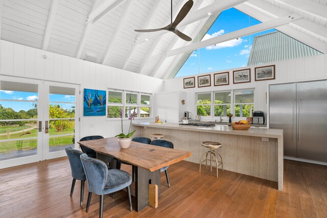 7465-C Koolau Rd, Kilauea, HI 96754 - dining area featuring high vaulted ceiling, hardwood / wood-style flooring, french doors, a ceiling fan, and beam ceiling