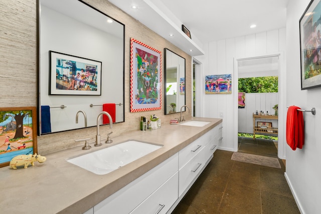 7465-C Koolau Rd, Kilauea, HI 96754 - bathroom featuring double vanity, baseboards, recessed lighting, and tasteful backsplash