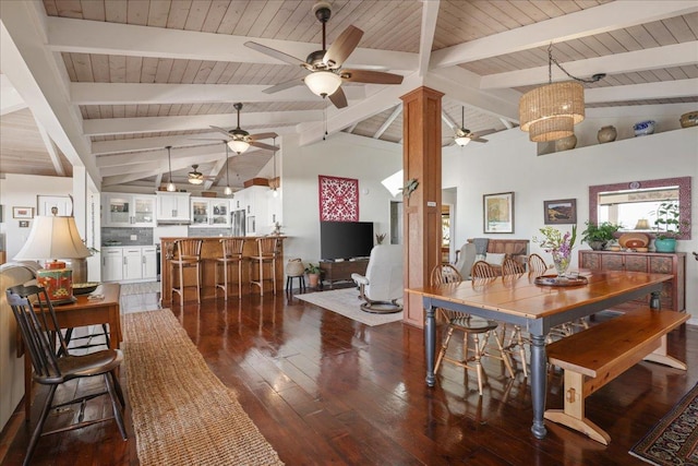76-6309 Haku Pl, Kailua-Kona, HI 96740 - dining area featuring ceiling fan, dark wood-type flooring, and wooden ceiling