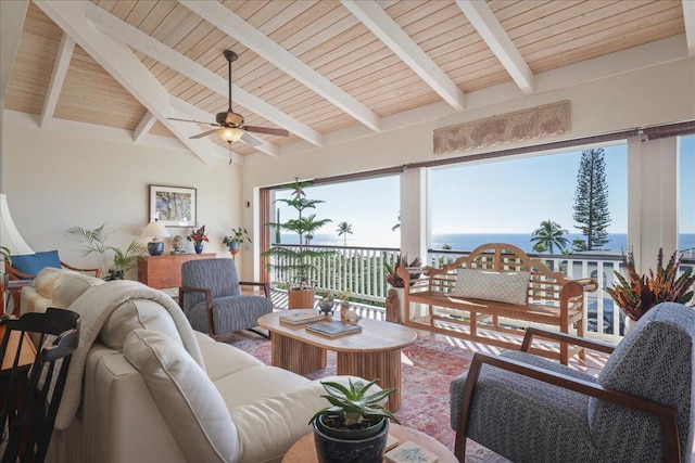 76-6309 Haku Pl, Kailua-Kona, HI 96740 - living room featuring a ceiling fan, wooden ceiling, and a water view