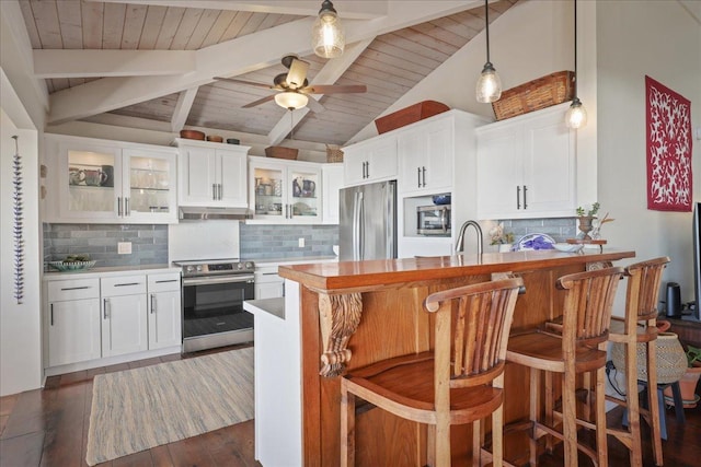 76-6309 Haku Pl, Kailua-Kona, HI 96740 - kitchen with appliances with stainless steel finishes, under cabinet range hood, wooden ceiling, glass insert cabinets, and a peninsula