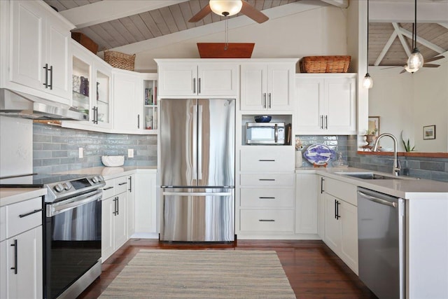 76-6309 Haku Pl, Kailua-Kona, HI 96740 - kitchen featuring appliances with stainless steel finishes, a ceiling fan, under cabinet range hood, wooden ceiling, and light countertops
