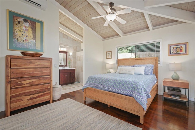 76-6309 Haku Pl, Kailua-Kona, HI 96740 - bedroom with wooden ceiling, wood-type flooring, a wall mounted AC, ensuite bathroom, and ceiling fan