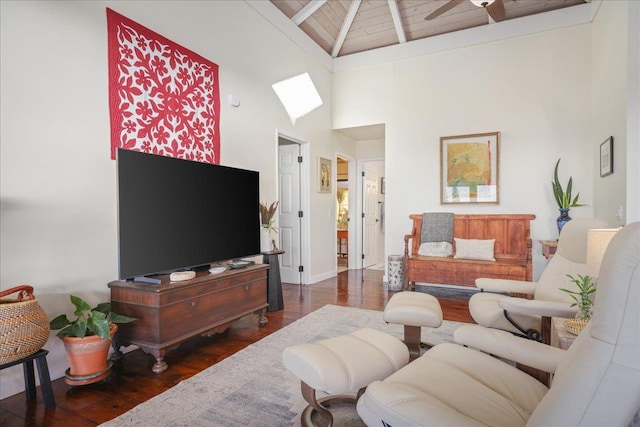 76-6309 Haku Pl, Kailua-Kona, HI 96740 - living room with wood finished floors, high vaulted ceiling, a ceiling fan, and wooden ceiling with exposed beams