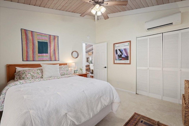 76-6309 Haku Pl, Kailua-Kona, HI 96740 - carpeted bedroom with a wall mounted AC, wooden ceiling, baseboards, a closet, and ceiling fan