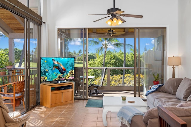 78-6800 Alii Dr Unit 7304, Kailua-Kona, HI 96740 - living room featuring light tile patterned floors and a ceiling fan