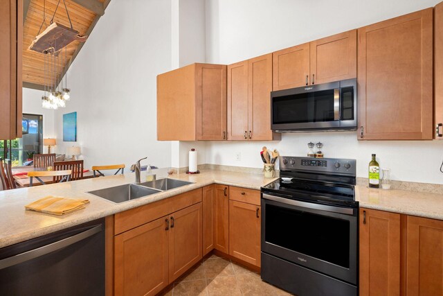 78-6800 Alii Dr Unit 7304, Kailua-Kona, HI 96740 - kitchen featuring appliances with stainless steel finishes, high vaulted ceiling, a sink, a chandelier, and wooden ceiling