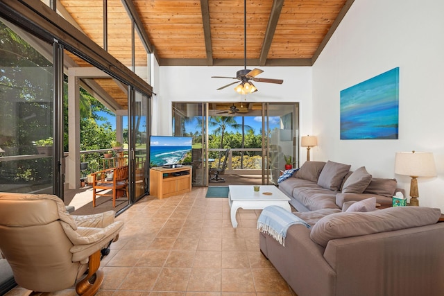 78-6800 Alii Dr Unit 7304, Kailua-Kona, HI 96740 - living room featuring wood ceiling, ceiling fan, and light tile patterned flooring