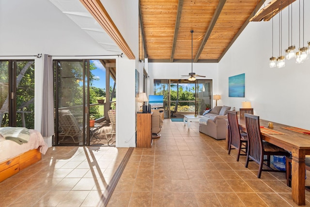 78-6800 Alii Dr Unit 7304, Kailua-Kona, HI 96740 - interior space featuring high vaulted ceiling, wooden ceiling with exposed beams, a ceiling fan, and tile patterned flooring