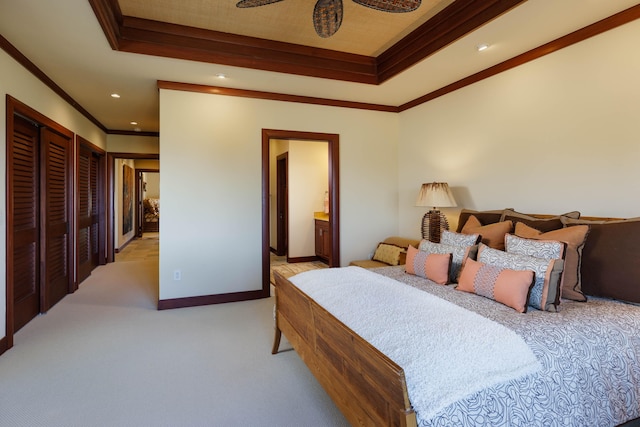 62-3600 Amaui Pl Unit K202, Kamuela, HI 96743 - bedroom with a tray ceiling, crown molding, light colored carpet, recessed lighting, and ensuite bath