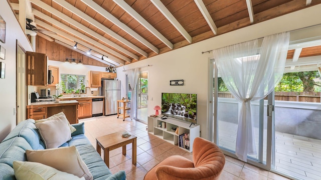 566-A Puuopae Rd, Kapaa, HI 96746 - living room featuring wood ceiling, light tile patterned floors, and a ceiling fan
