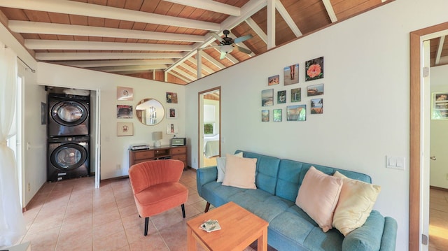 566-A Puuopae Rd, Kapaa, HI 96746 - living area with stacked washer / drying machine, wooden ceiling, light tile patterned floors, a ceiling fan, and baseboards