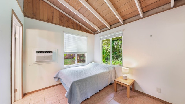 566-A Puuopae Rd, Kapaa, HI 96746 - bedroom featuring wooden ceiling, baseboards, an AC wall unit, and light tile patterned flooring