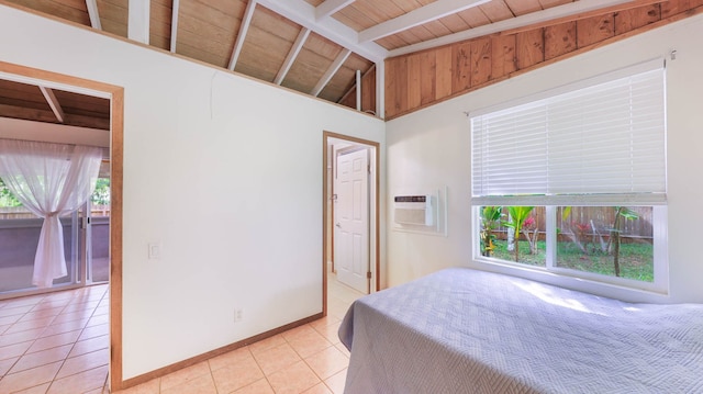 566-A Puuopae Rd, Kapaa, HI 96746 - bedroom with wood ceiling, light tile patterned flooring, a wall mounted air conditioner, and baseboards